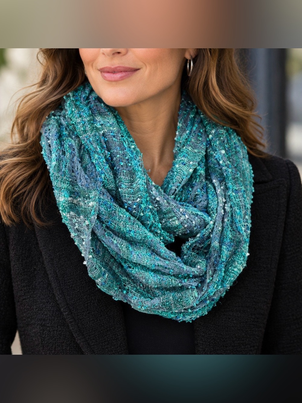 Teal & Gray Textured Infinity Scarf Lightweight Open Knit Loop Shimmer Cowl